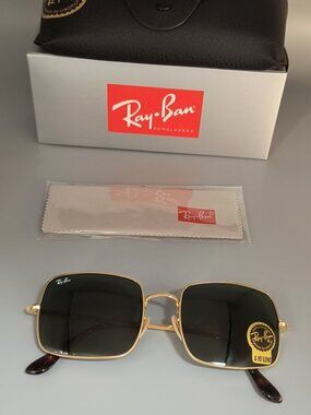 NWOT Ray-Ban RB1971 SQUARE Glossy Gold Frame Olive Lens 54-19 Unisex